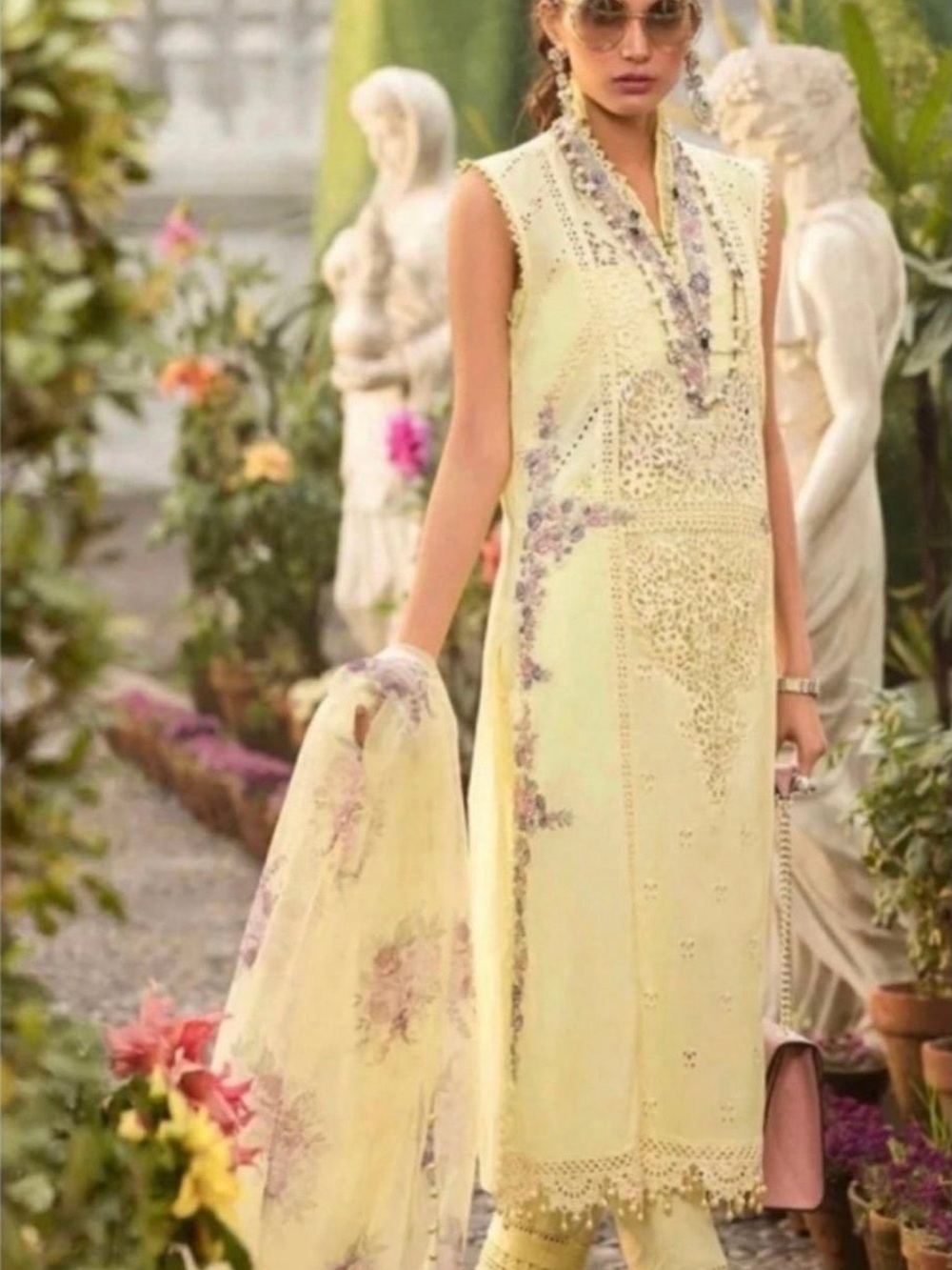 Sleeveless Pale Yellow Embroidered Long Sleeve Dress